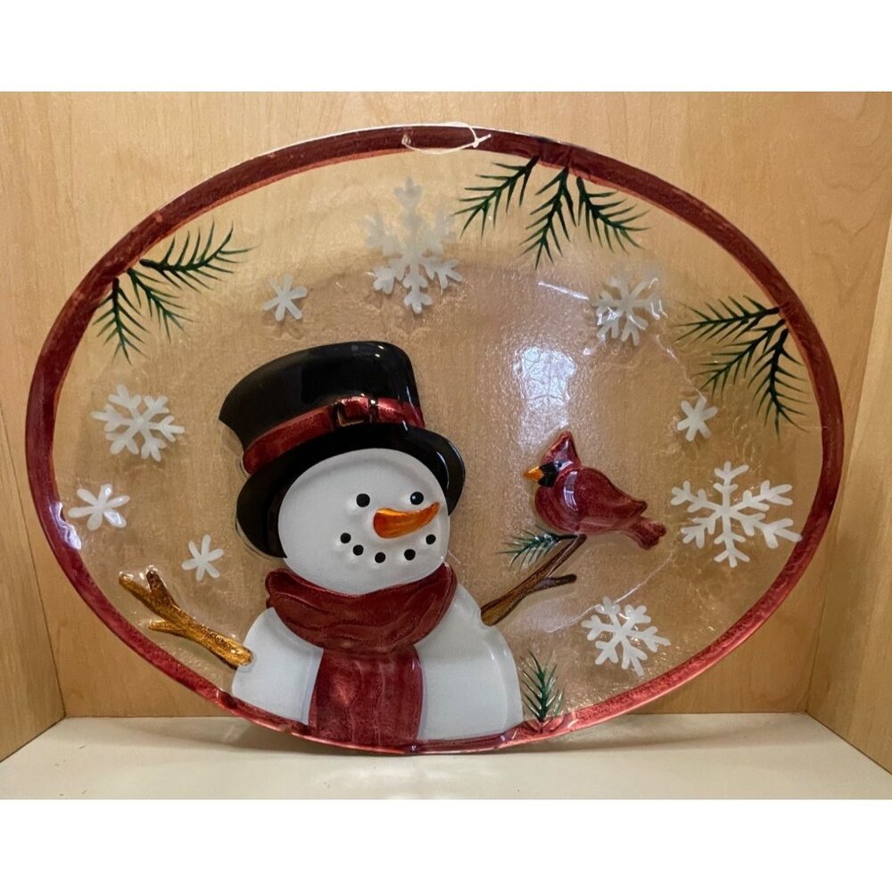 Beautiful Embossed and Painted Glass Snowman Plater